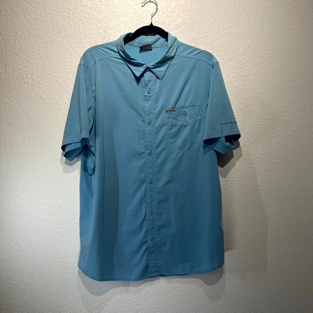 Columbia Sportswear Omni Shade Shirt Mens Large‎ Blue Stretch Logo Button Up